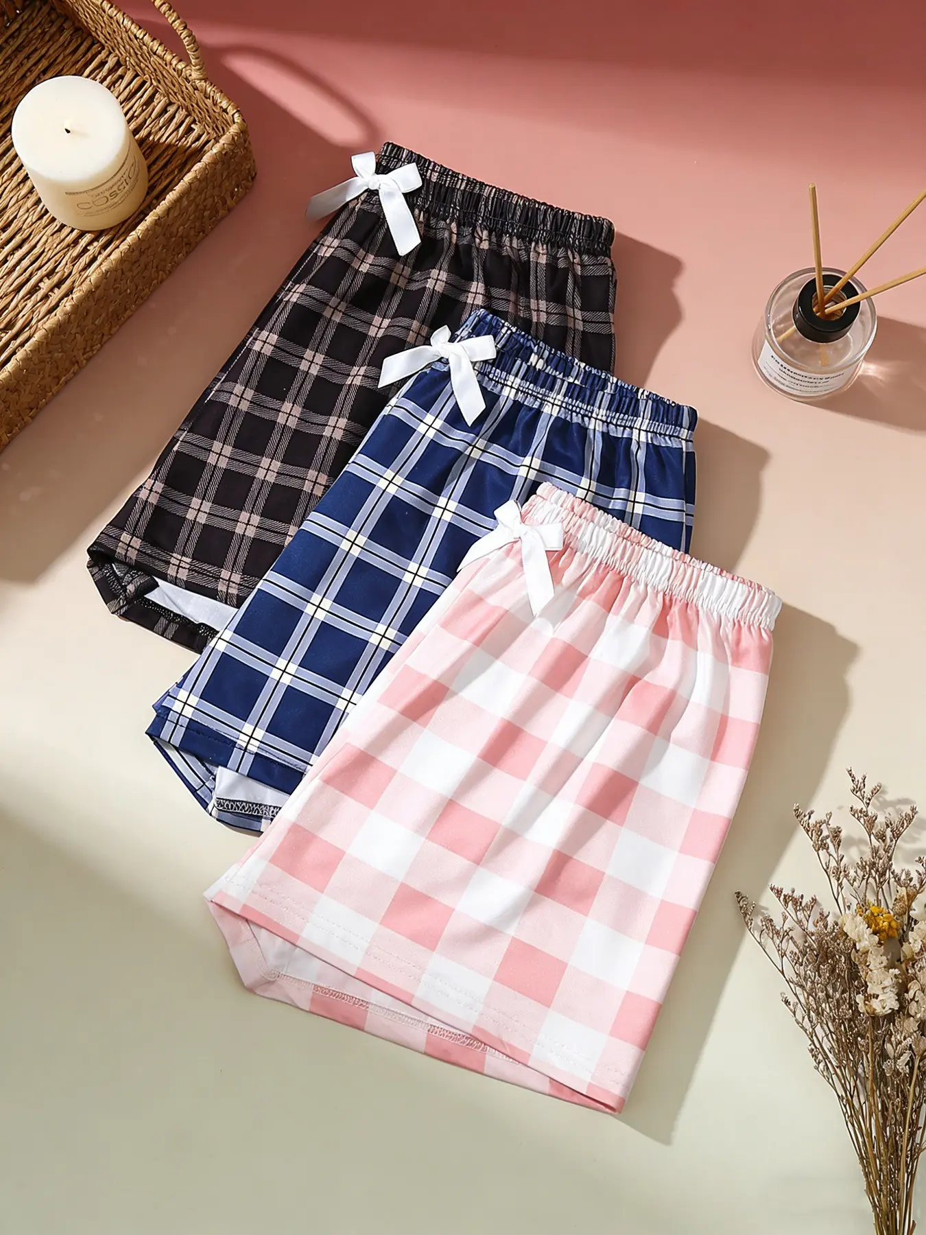 Women's 3 Pack Sleep Shorts, Casual Comfy Pajama, Pajama Chic, Fashion Sleepwear, Spring & Summer Wearable, Plaid Print with Bow Decor, Breathable Comfortable Style, Daily Home Loungewear, Effortless Loungewear