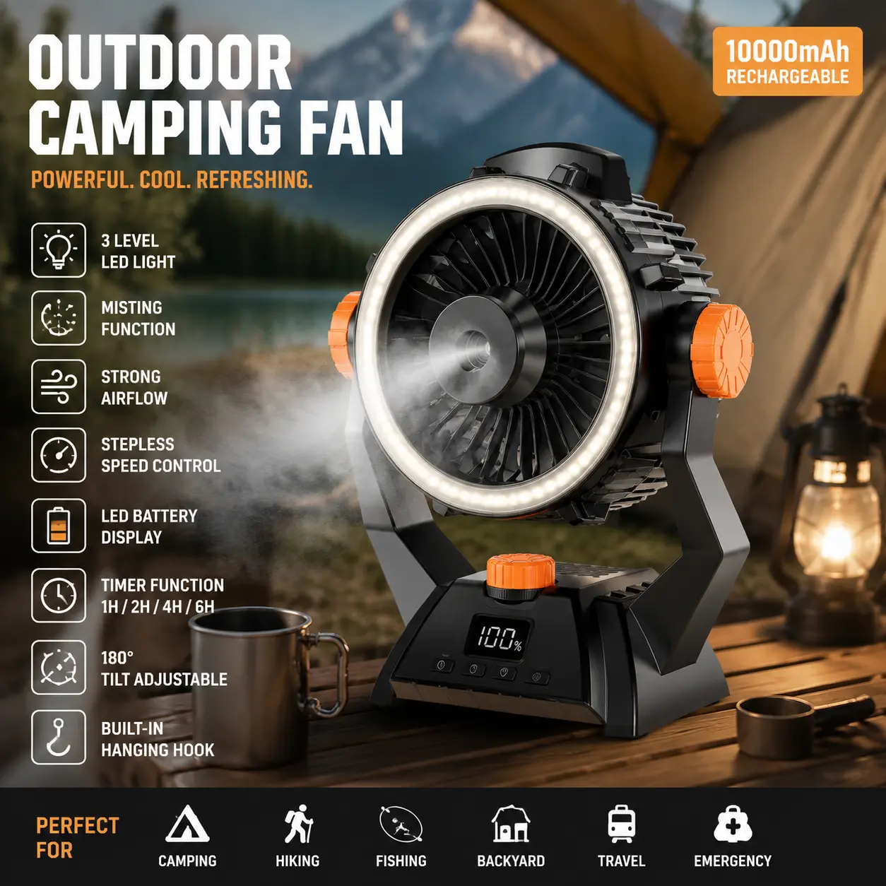 Ultra-Quiet AIVECO X60 USB Fan 2026: 10000mAh Battery, Infinite Wind Control, Built-in USB-A Charging & Mist Function ventilador