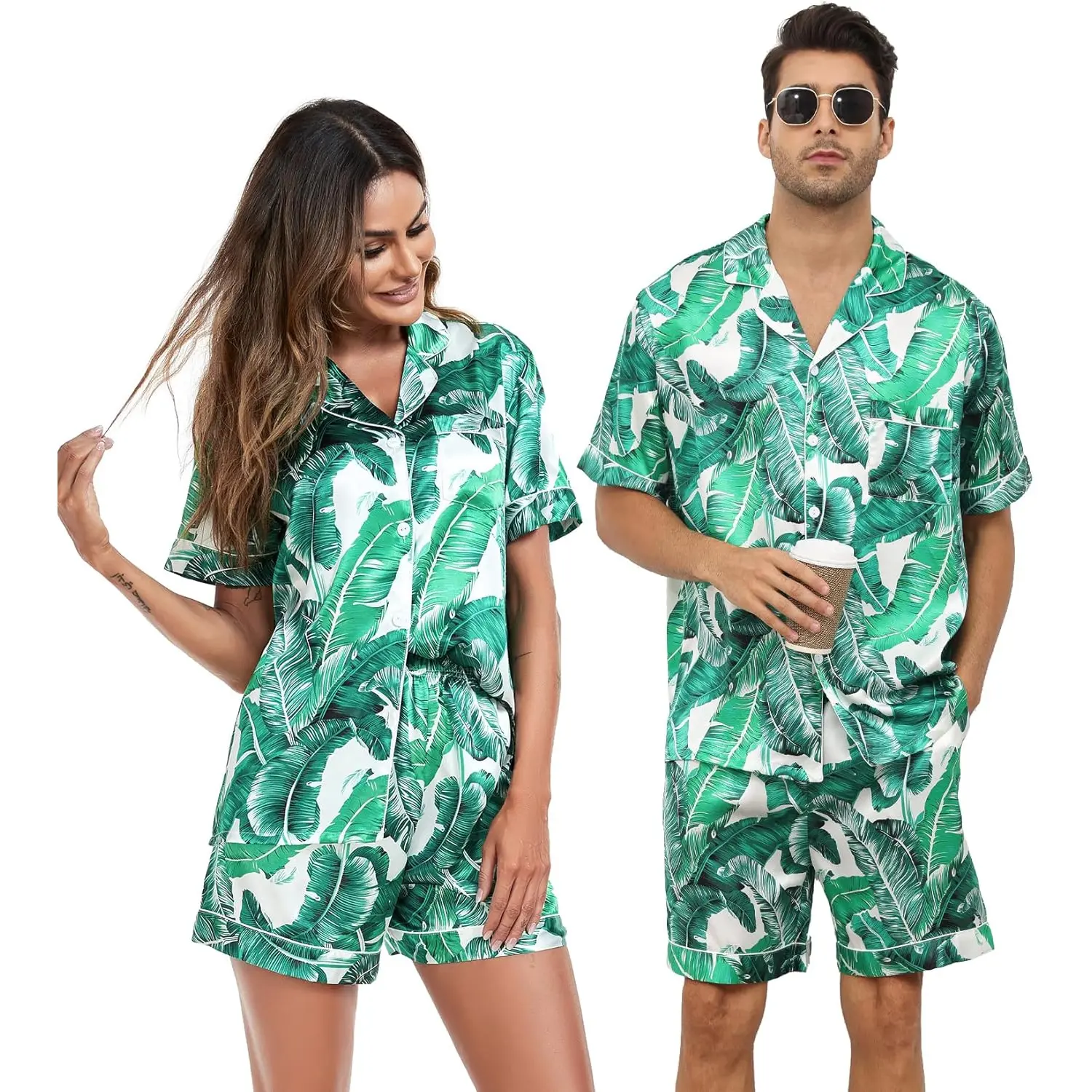 Couple Matching Pajamas Sets Women & Men Button Down Silk Pjs Short Sleeve Soft Lounge Sets 2 Pcs Loungewear JinhuanXuan SHOP