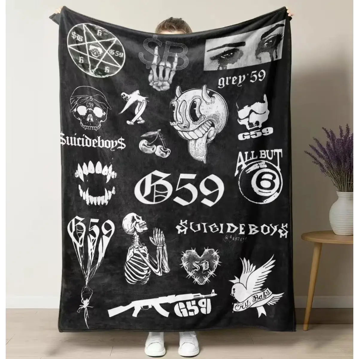 Suicideboys G59 Records Collage Fleece Throw Blanket, Hip Hop Rap Graphic Print with Dark Icon Artwork, Statement Bedding Accent for Music Rooms, Couch Lounging, Movie Nights, Birthdays and Gifts for Fans