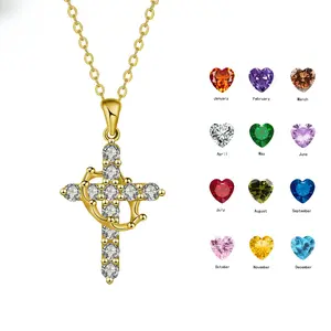 Birthstone Cross Necklace-choose your month (12 colors). Heart birthstone & CZ pave, golden-tone chain, minimalist chic, faith & protection. Perfect gift for her-birthday/Christmas/anniversary. Trending TikTok jewelry.