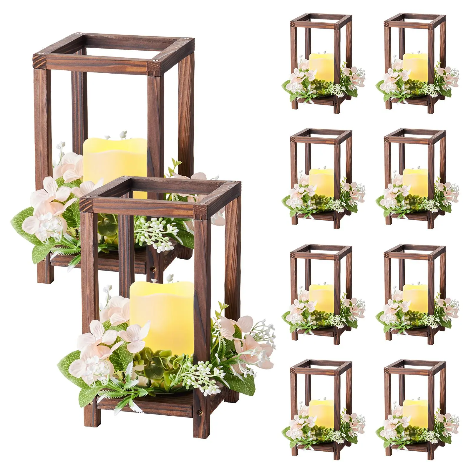 【SummerFinds】VEVOR 10 Set/30 Pcs Wooden Wedding Lantern Centerpiece, Includes 10 Wooden Lantern Candle Holder 10 Flameless LED Candle 10 Champagne Flower Wreath for Wedding Table Party Farmhouse Decor, Brown