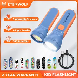 ETENWOLF Kids Flashlight Rechargeable Mini Flashlight with Fun Stickers 1500mAh Battery Adjustable Brightness with 6 Light Modes IPX5 Waterproof Flashlight for Home Camping and Emergencies
