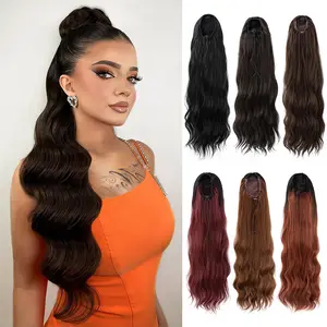 VASILIA Drawstring Long  Wavy Ponytail Extension 22 Inch Synthetic Fake Pony Tail Loose Wave Woman Long Wavy Ponytail Natural Look Synthetic Resistant Hairpiece Fashion TIKTOK Woman Daily Party Use