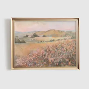Pastel Wildflower Landscape Print - Vintage Wall Art Featuring Peach Pink Nursery Decor, Model #870