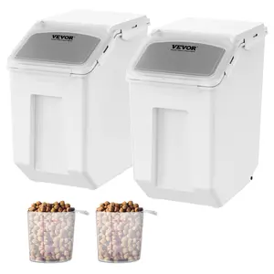 VEVOR Ingredient Storage Bin, 2 x 15L Dispenser Bin with 2 Measuring Cups, Attachable Casters and Airtight Lid, 2 Pcs/Set Dog Pet Food Storage Container, PP Material Kitchen Rice Cereal Flour Bin Silicone Utensils