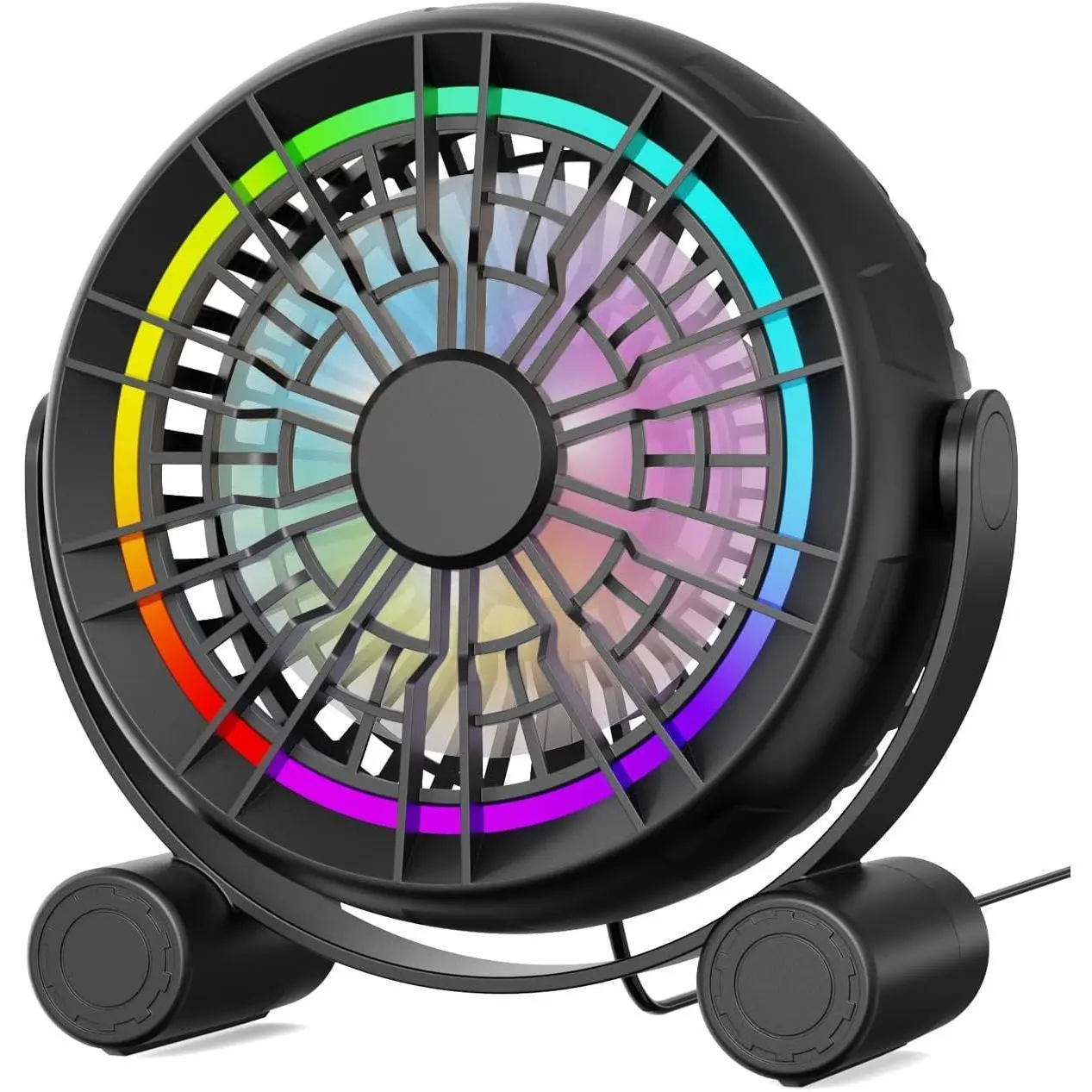 P-BOF07   USB RGB Desk Fan - 3 Speeds Quiet Portable Table Fan, 8 Color LED Lights, 360° Rotation, Small Fan for Home Office Desktop Bedroom