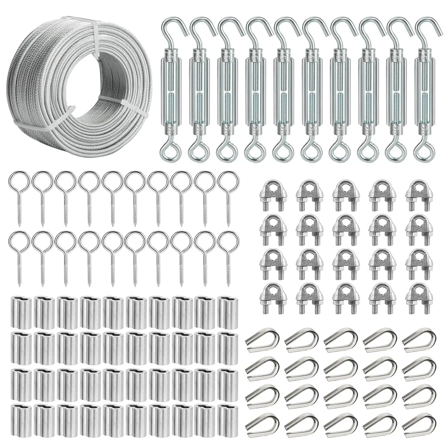 1/8 Wire Rope Kit, 200FT PVC Coated Steel  With Tensioner for Garden  Support, Clothesline, String Light, Stair Handrail, Ground Anchors