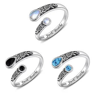 S925 Vintage Spoon Rings,Turquoise/Moonstone/Black agate Adjustable Rings,Daily Wearing,All Occasion