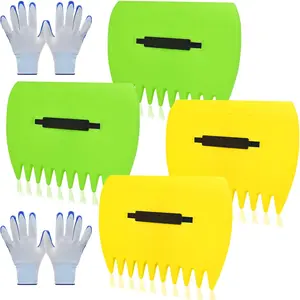 2 Sets Leaf Scoops Hand Rakes, Leaf Scoops and Claws with 2 Pairs Gloves, Lightweight Plastic Leaf Scoop, Large Leaf Grabbers for Picking Up Leaves, Clippings, Grass(2 Sets,Yellow+Green)
