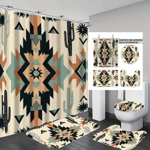 4pcs Bohemian Style Restroom Shower Curtain Set with 12 Hooks, Non-Slip Bath Mat, U-Shaped Rug, Toilet Seat Cover, Complete Bathroom Decor