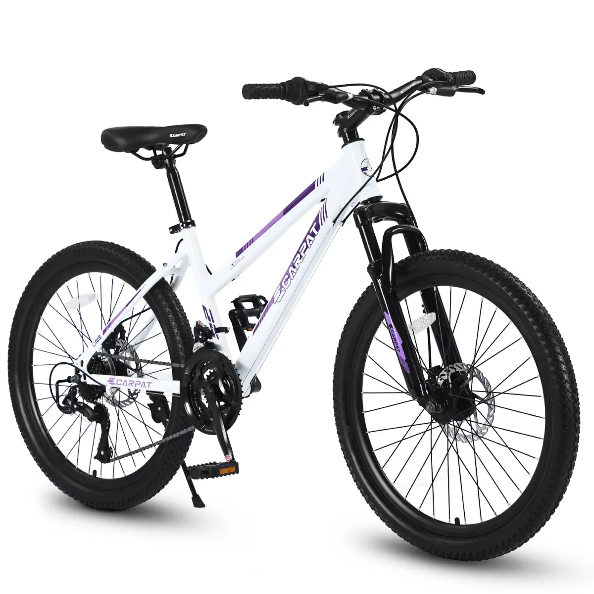 Mercury100 24-Inch Women's Hardtail Mountain Bike, Shimano 21-Speeds Shift Handle, 100mm Front Suspension, Dual Disc Brakes, Low Standover Ergonomic Steel Frame, High-Quality Tires, White Pink, Suitable for On-Road Rides