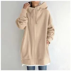 Extra Large S-5XL Women's Loose Hooded Jacket Autumn Women's Tie Long Sleeve Zipper Fleece Extra Long Sweatshirt