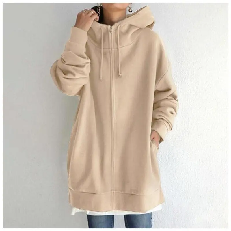 Extra Large S-5XL Women's Loose Hooded Jacket Autumn Women's Tie Long Sleeve Zipper Fleece Extra Long Sweatshirt