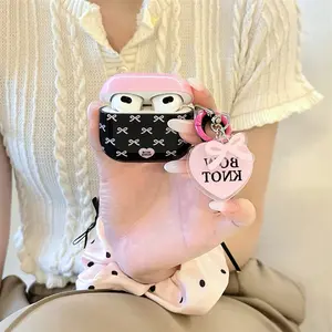 Black pink contrasting bow headphone protective case with heart-shaped pendant and dual color round buckle for AirPods 1 2 3 4 Pro Pro2