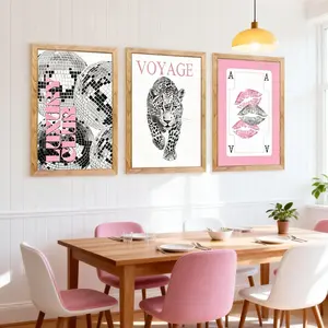 3pcs/set Leopard Printed Cheetah Hanging Wall Art Picture 8 Ball Lucky Prints Sexy Lips Canvas Paintings Pink Girly Posters Home Decor For Living Room