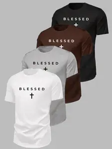 American Style Simple Blessed Cross Slogan Print Short Sleeve T-Shirt, Men's Summer Loose Fit, Breathable Fabric, Fitness & Daily Wear