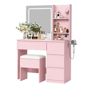 Modern Vanity Desk with Mirror & Adjustable LED Lights – 4 Drawers, Power Outlet, Storage Stool, Shelves, Hair Dryer Holder – Makeup Table Set for Bedroom