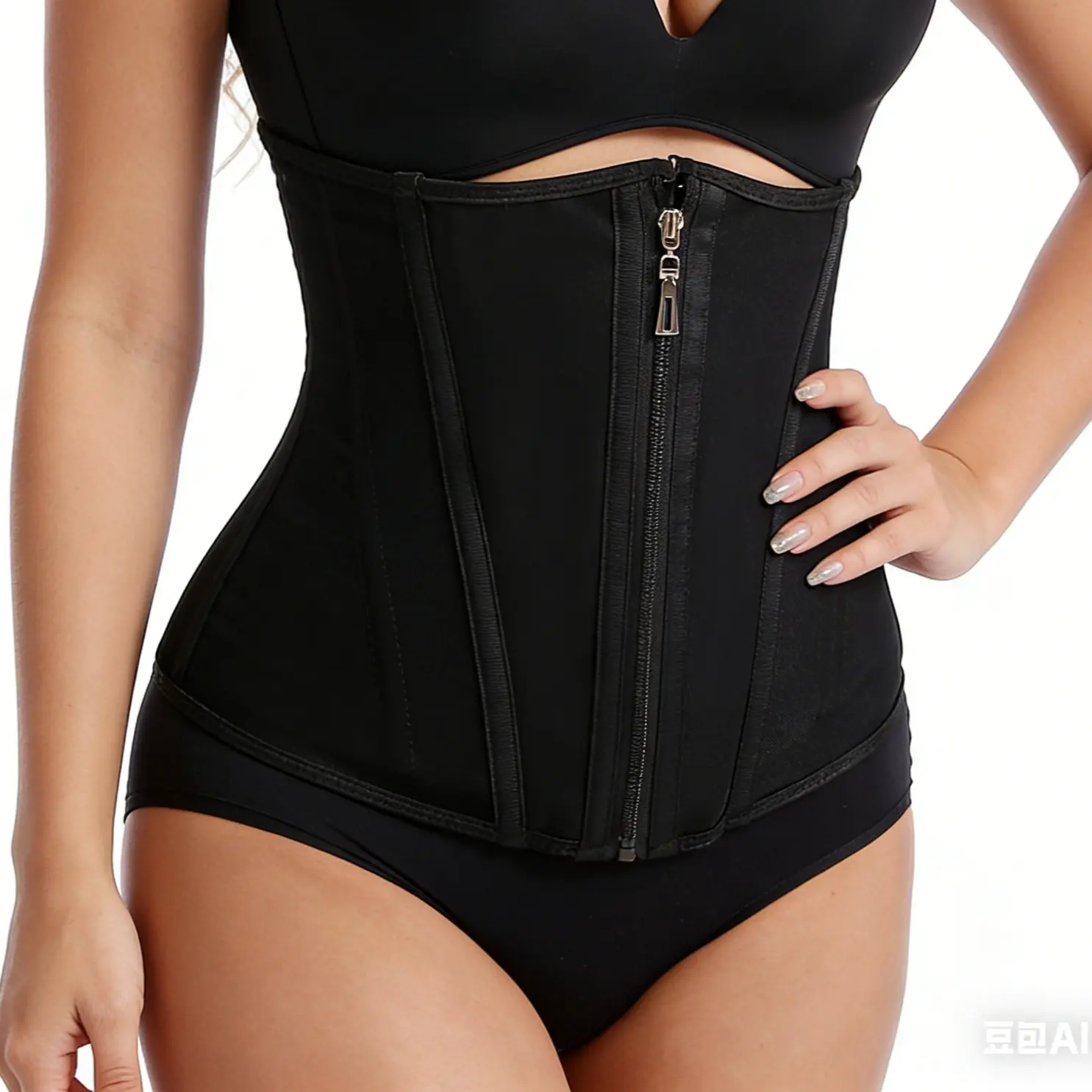 Women's Black Solid Mesh Body-Hugging Lady Shapewear with High-Compression Waistband, Zipper Closure, Waist Training Support for Daily Wear, Hiking & Sporty Chic XS Fit