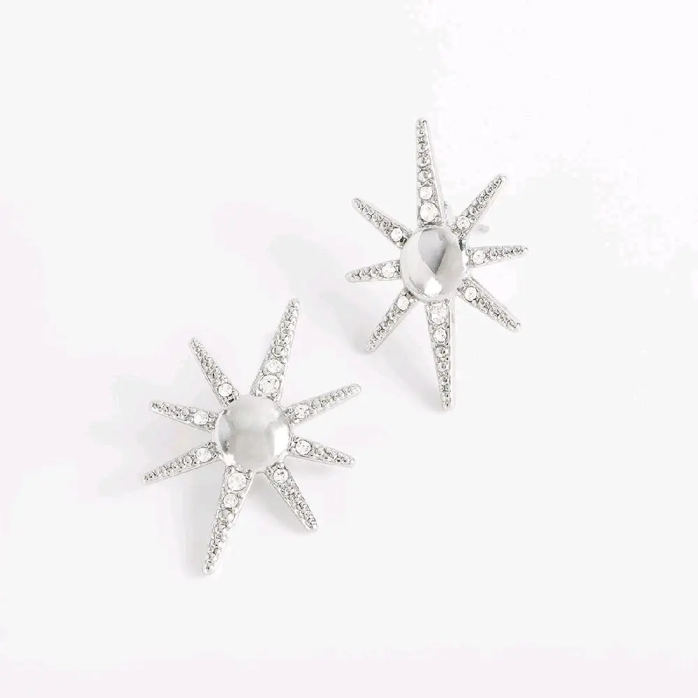 Rhodium plated earrings star design brilliant touch synthetic stones
