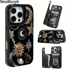Cosmic Celestial Wallet Phone Case for iPhone 17/16/15/14/13/12 Pro Max/Pro/Plus/Air – PU Leather Card Holder Durable Protective Shockproof Cover Black