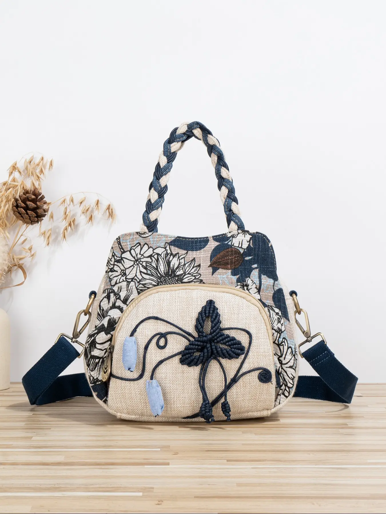 Boho Ethnic Handwoven Flower Crossbody Bag, Floral Embossed Satchel, Casual Lightweight Bag, Original Design Multi-Layer Small Batch, Single Shoulder Strap, Three-In-One Style, Stylish Crossbody Bag, Fashionable Crossbody Bag, Bohemian Crossbody Bag