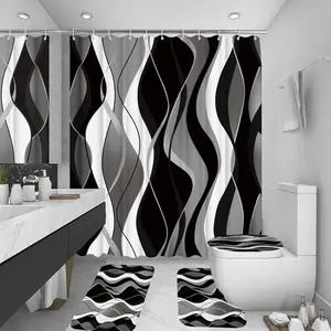 4 count Black Shower Curtain Sets with Non-Slip Rugs, Toilet Lid Cover and Bath Mat, Black and Gray Bathroom Decor Set Accessories Fabric  Shower Curtains with 12 Hooks, 72 x 72 Inch