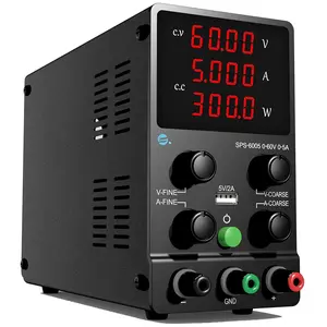 DC Power  Variable, 0-60V 0-5A Adjustable Switching DC Regulated Bench Power  with  4-Digit LED Display, 5V/2A USB Port, Coarse and Fine Adjustment SPS-6005
