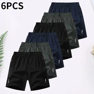 Men’s 6-piece set featuring lightweight, breathable quick-dry fabric shorts with zippered pockets; summer ice silk beach shorts; cool-touch quick-dry sports casual shorts; basketball shorts; reflective strip design; men’s apparel; solid-color pants suitab