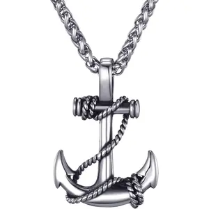Mens Stainless Steel Nautical Anchor Necklace Vintage Navy Mooring Rope Anchor Pendant with  Inches Link Chain