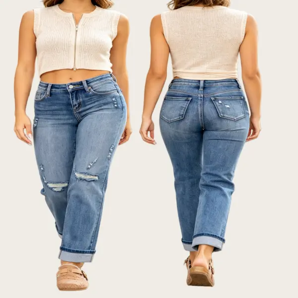 Women's High Rise Stretchy Ripped Button-Flap Jeans, Boyfriend Straight Leg Cuffed Fitted Bottoms for Trendy Look & Everyday Comfort - Womenswear