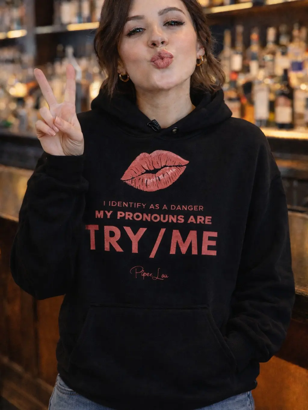 Women's Soft Graphic Hoodie - My Pronouns Are Try Me Print, Polyester-Spandex Yarn Fabric, With Pocket, Women's Tops Sweatshirts