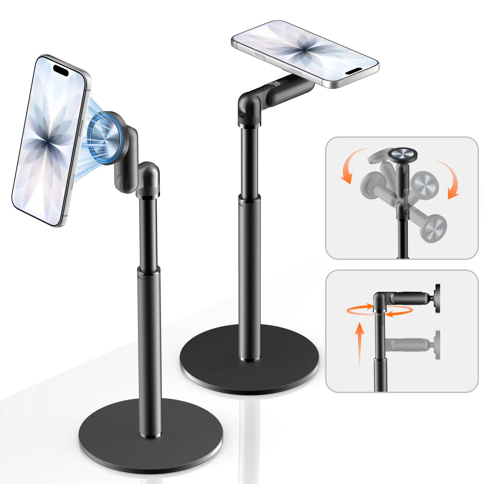 Vtrusta MagSafe 360-Adjustable Cellphone Desk Mount, Compact Sturdy Aluminum Alloy Magnetic Holder, Universal Smartphone Tablet Phone Mount for iPhone Ipads, Ideal Vlogging Equipment for Stable Filming, 360° Rotate
