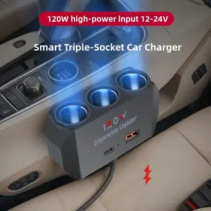 5 in 1 Cigarette Lighter Splitter, 3 Socket Car Charger Adapter + Type-C PD15W Charging + USB Charging Ports, Plug Outlet for All Car 12V/24V Devices