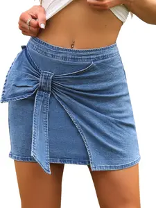 INSPIRE CHIC Denim Mini Cheeky Skirt for Women Wrap Front Bow Stretchy Bodycon Jean Skirts
