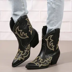 Women's Embroidered Cowboy Boots - Turquoise Pointed Toe - Slip-On with Chunky Heel - PU Cover Low Tube Ankle Boots - Rubber Sole for Autumn Winter - Western & Casual Style