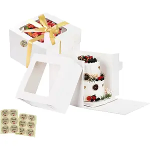 2 Pack Tall Cake Boxes with Ribbons 10x10x10 inch Large White Bakery Square Cake Boxes with Window for Weddings Birthdays Decorating Cake