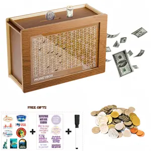 【Gifts Kit】10000 Savings Challenge Box,Cash Vault Wooden Coin Bank,Money Saving Box with Target and Numbers - Piggy Bank for Kids Adults Large Kakeibo Money storage jar with Counter for Girls Boys,Christmas Gift,Coin Packaging Box