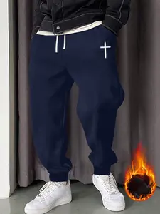 Men's fleece-lined ribbed long pants with regular fit, casual work style, cross-print pattern, elastic waistband with drawstring and pockets, suitable for outdoor sports, commuting, streetwear, an ideal gift for husbands/boyfriends during autumn and winte