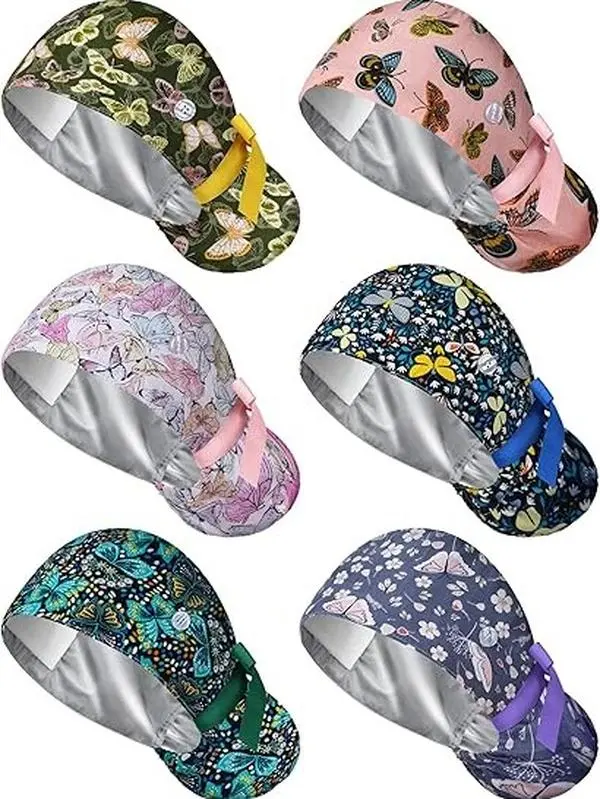 6 Packs Satin Lined Scrub Caps Women Nurse Surgical Hat with Buttons Ponytail Working Adjustable Shower Caps Tie Back