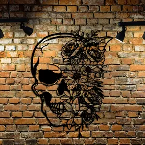 Gothic Metal Skull Wall Art Decor, Indoor Outdoor Floral Skeleton Decoration, Perfect for Living Room Balcony Patio Unique Housewarming Gift