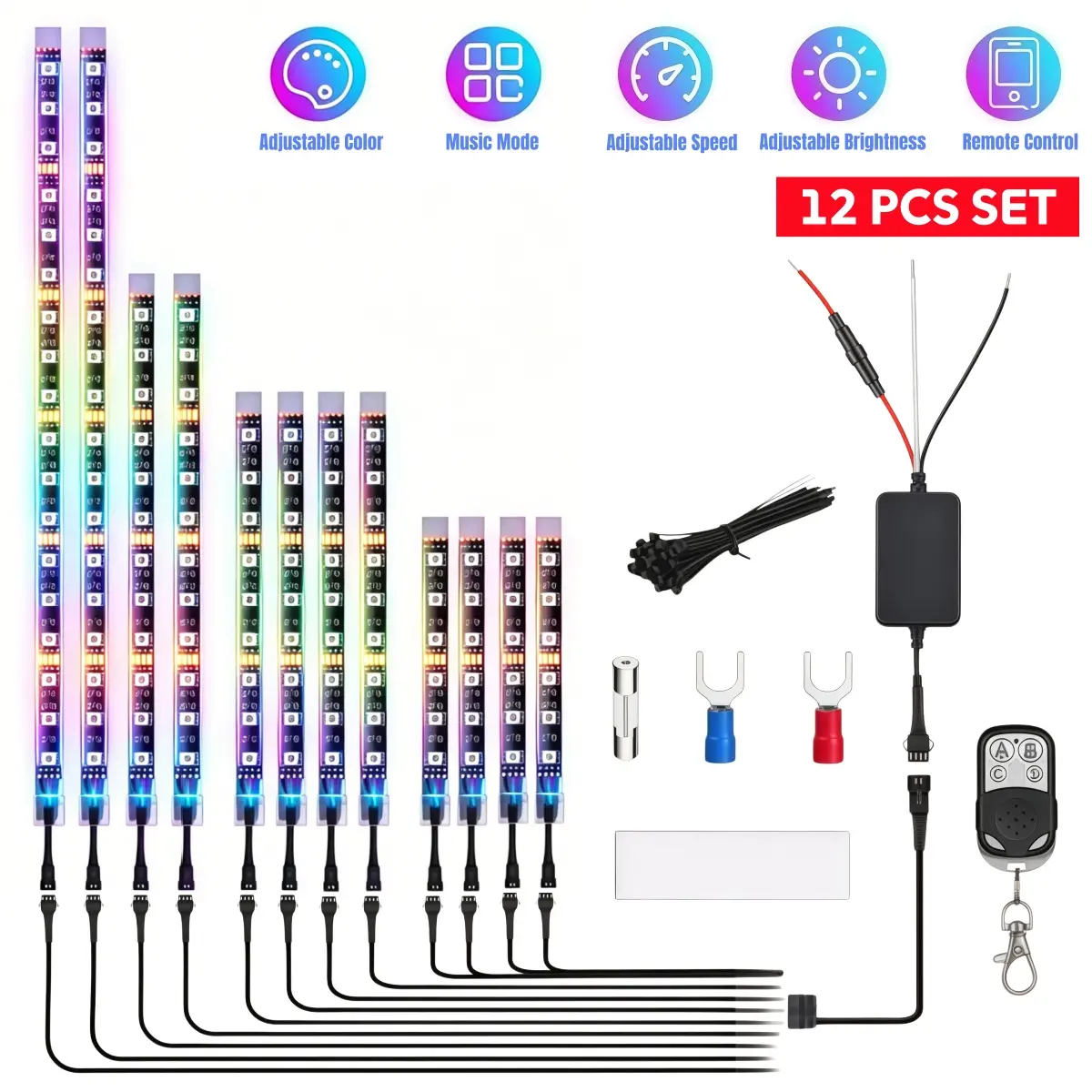 12PCS Universal Motorcycle RGB LED Light Kit Waterproof Flexible Multi Color Atmosphere Neon Accent Remote Control Underbody Lamp Strips Music Mode Adjustable for Davidson Honda Kawasaki Suzuki All 12V Motorcycle Motorcycle, ATV, SUV, Truck, Golf Cart