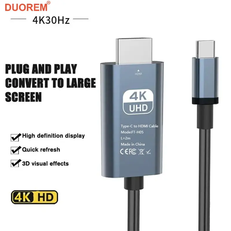 C to HDMI Cable, 4K High Definition Resolution, Flat Design, Type C Wired, USB C Compatible, Alloy, Plug, Compatible with Macbook Air, iPad Pro, Surface, Chromebook, TV Display Adapter, HDMI TV Output