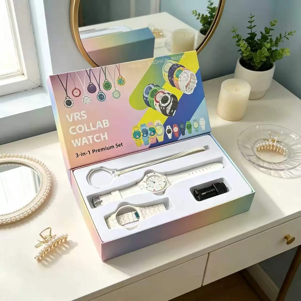 Pastel Macaron 3 In 1 Octagonal Watch Gift Bundle, Interchangeable Silicone Bands With Lanyard And Tool, Casual Daily Quartz Wristwatch Complete Packaging For School Streetwear