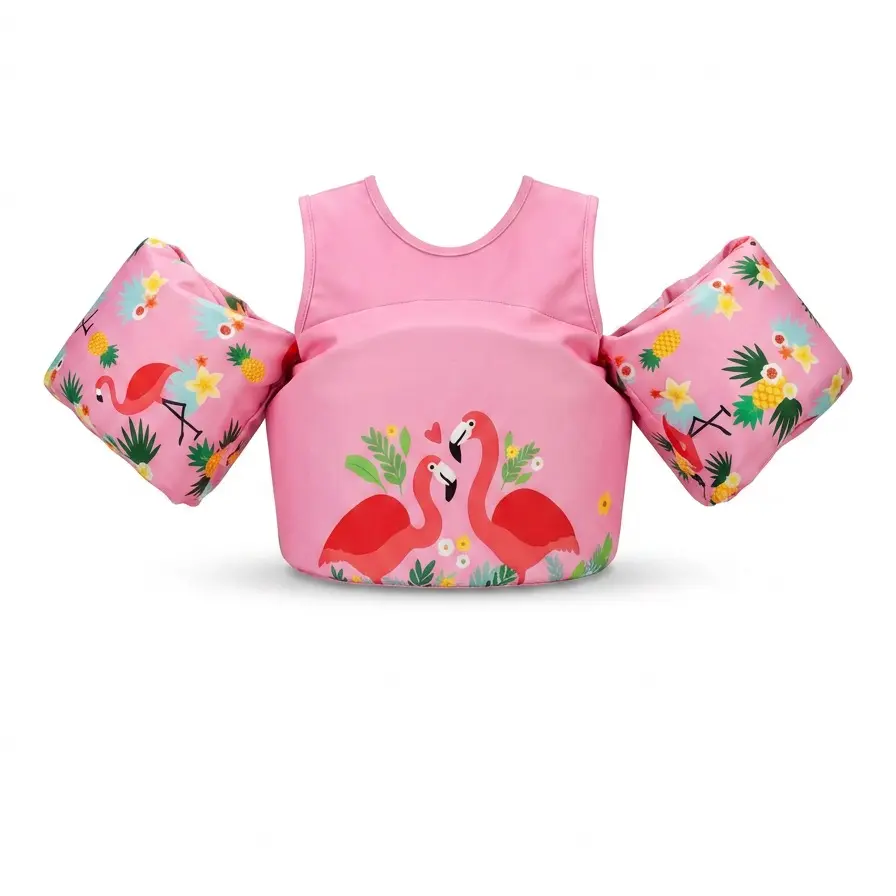 Children's Pink Flamingo Printed Swim Life Jacket - Adjustable Toddler Float Vest with Soft Padding & Arm Float Cushions for Seaside Beaches, Casual Water Entertainment, Pool Swimming Accessories, Tropical Plants, Water Parks, Swimming Pool, Lightweight,,