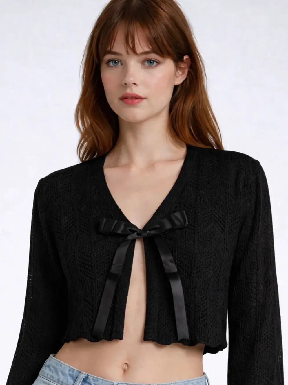 Forever 21 Women's Cute Baggy Cardigan - Chic Short Crop Acrylic-Cotton Blend Knitwear, Coquette Balletcore Pointelle Lace, Breathable Cropped Shrug with Satin Tie-Front Bow Ribbons, Casual Style Top