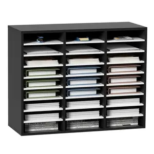 27 Compartments Wooden Literature Organizer With Adjustable Shelves, Medium Density Fiberboard Mail Center, Office Home School Storage For Files Documents Papers Magazines Envelopes And Letters, Black And White Finish