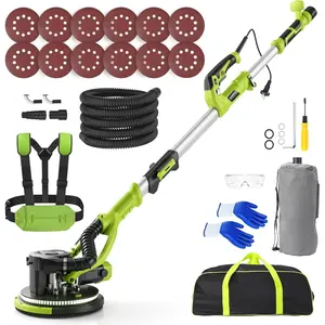 Drywall Sander, Powerful Electric Drywall Sander with Vacuum Dust Collection, 5 Speed 1000-2100 RPM, Popcorn Ceiling Remover, LED Light & 12 Sanding Discs, Extendable Handle (GREEN)