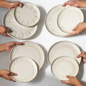 Large Ceramic Dinner Plates -10.75/8.5" PLATES! Set of 4 Embossed Ceramic Dishes - Fits 12oz Steak + Sides | Lipped Edges Catch Sauces | Perfect for Family-Style Pasta & Salad Boards | Microwave/Dishwasher Safe