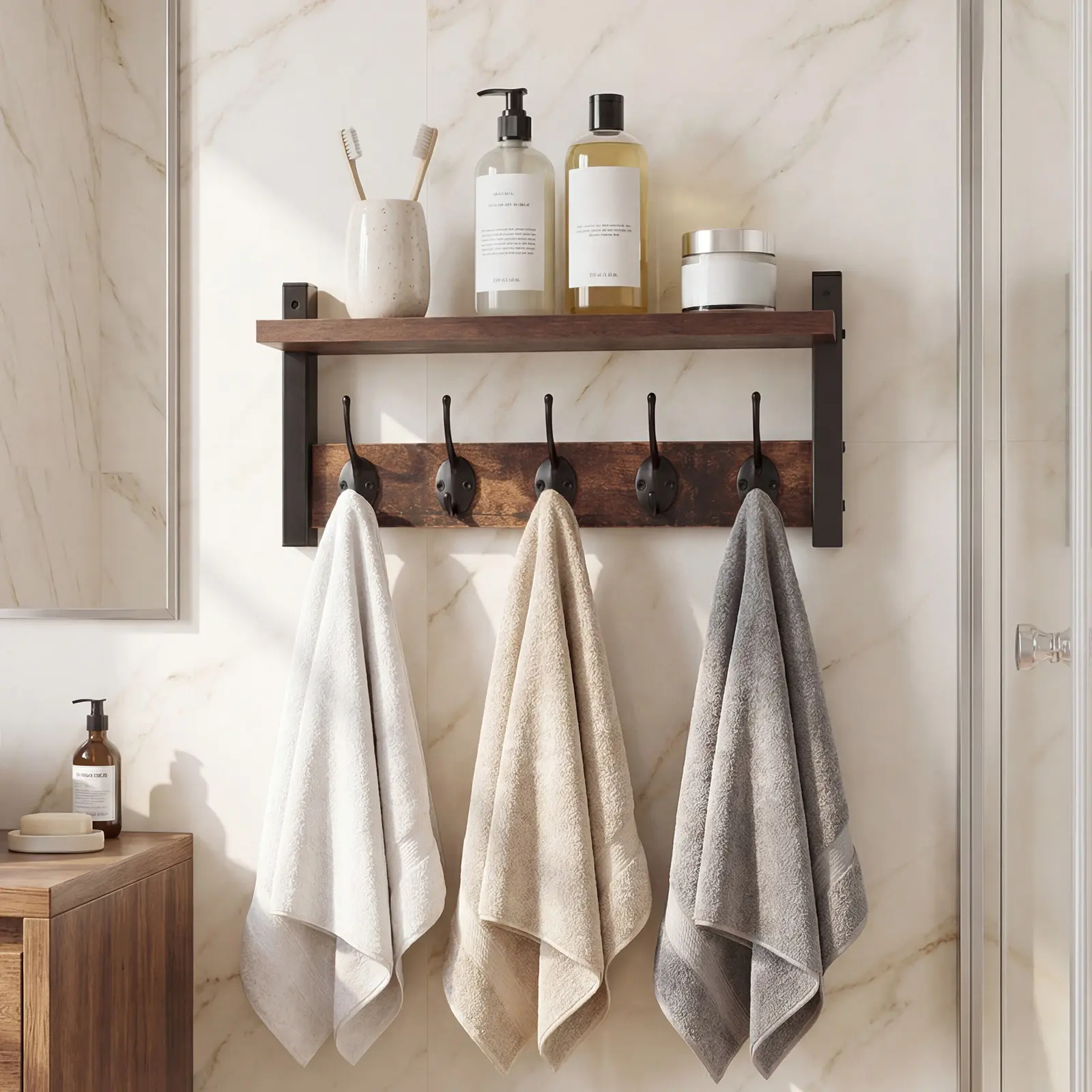 Wall Hooks with Shelf, 17 Inch Entryway Wood Coat Hooks for Wall with Shelf, Coat Rack Wall Mount with 5 Dual Hooks Organizer and Key Rack Holder